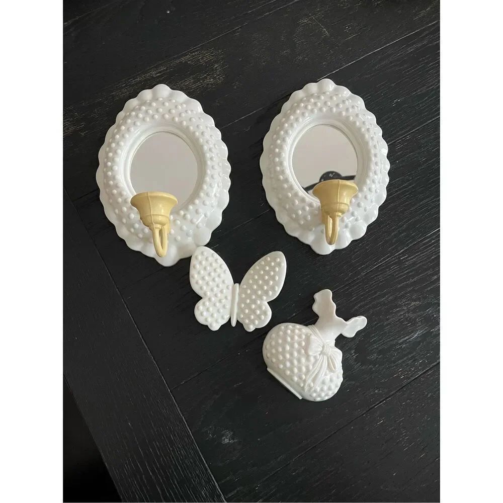 Vintage Burwood Hard Plastic Wall Sconces & Wall Art Butterflies Vase EUC